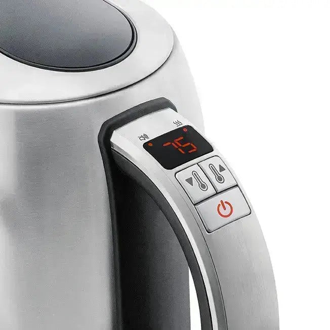 Elektrischer Wasserkocher aus Edelstahl mit digitalem Display.