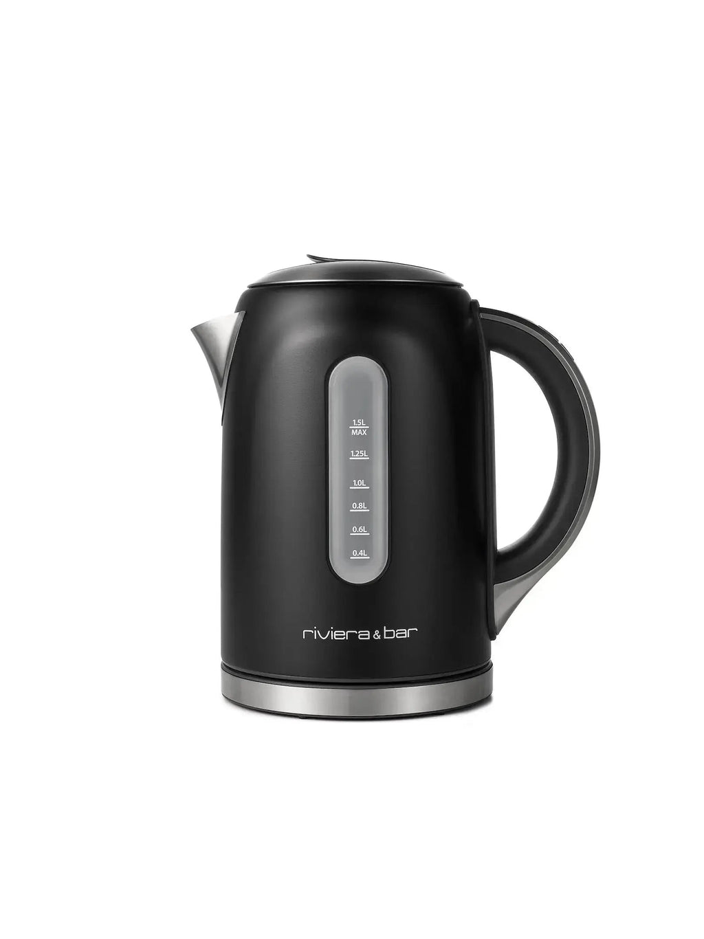 Schwarzer elektrischer Wasserkocher mit silbernem Sockel.