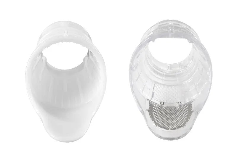 Zwei transparente Endstücke mit einem Metallgitter.