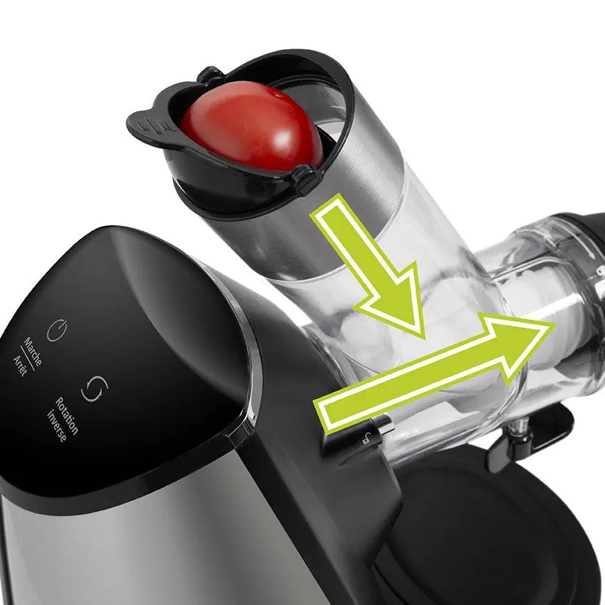 Saft-Extraktor mit Pfeilen, die die Verarbeitungsrichtung anzeigen.