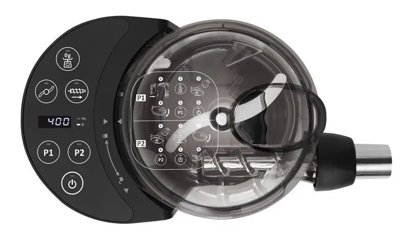 Schwarze Küchenmaschine mit durchsichtiger Schüssel.