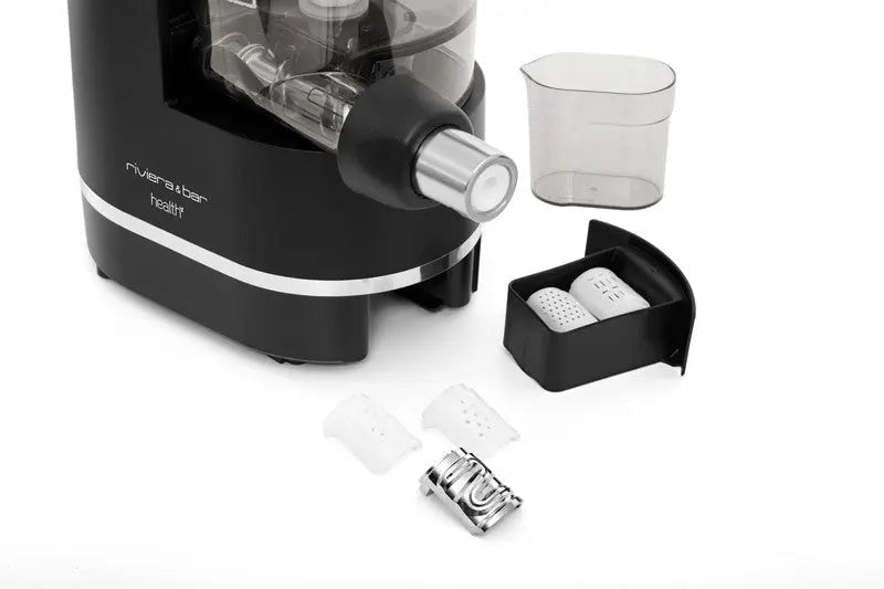 Riviera&Bar-Saft-Extraktor in Schwarz und Silber mit Zubehör.