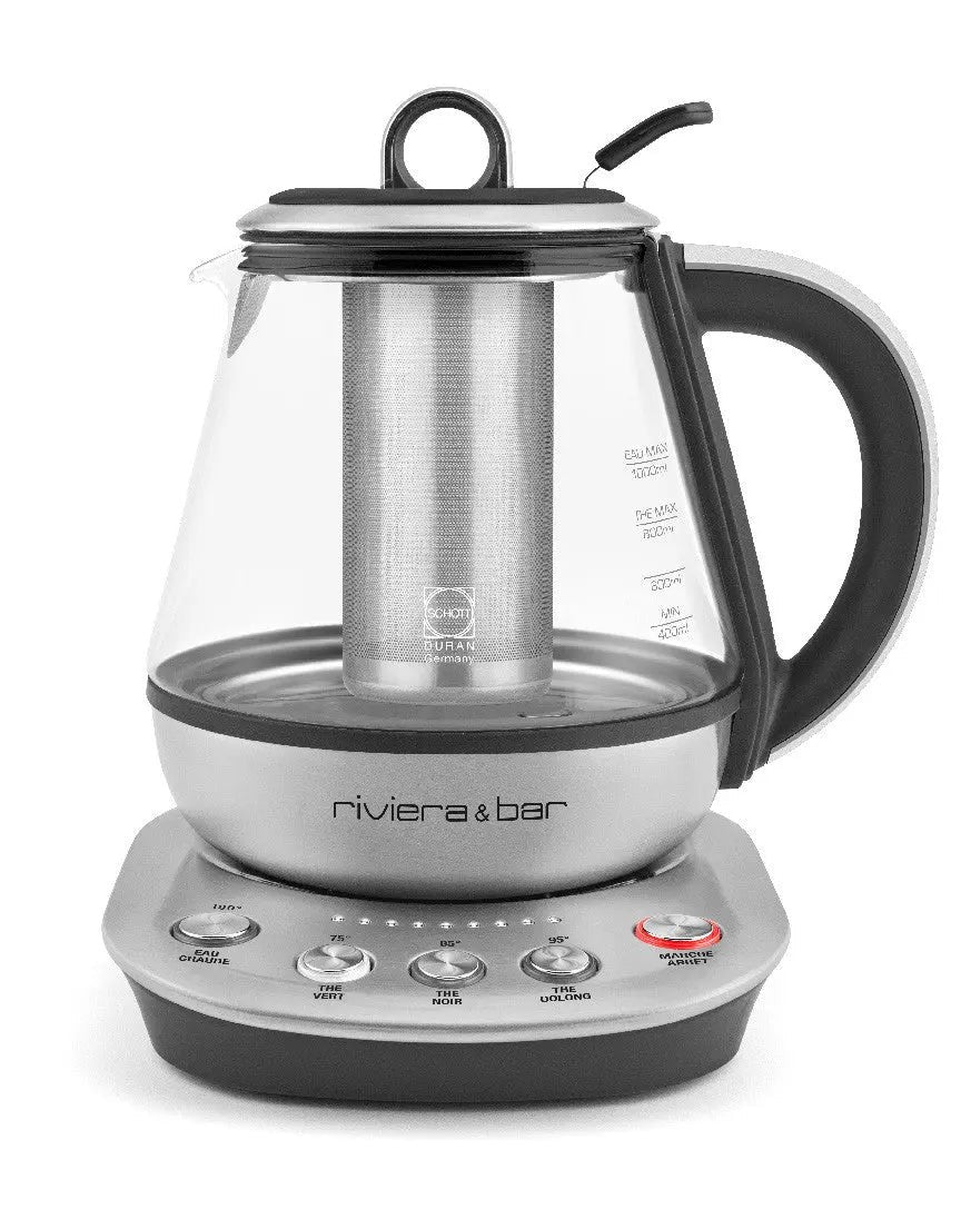 Elektrischer Wasserkocher aus Glas und Metall.