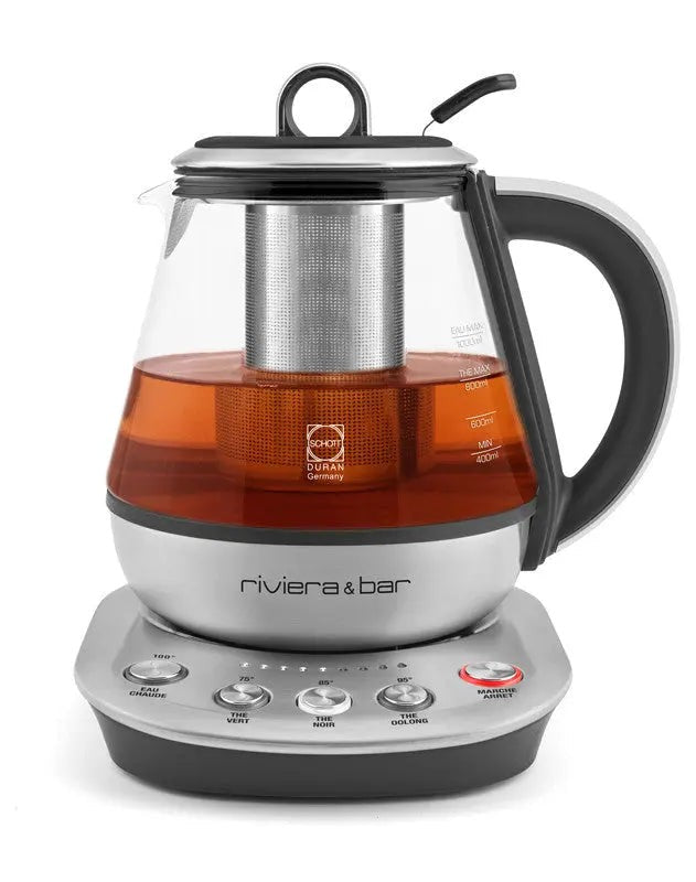 Elektrische Teekanne aus Glas und Edelstahl.