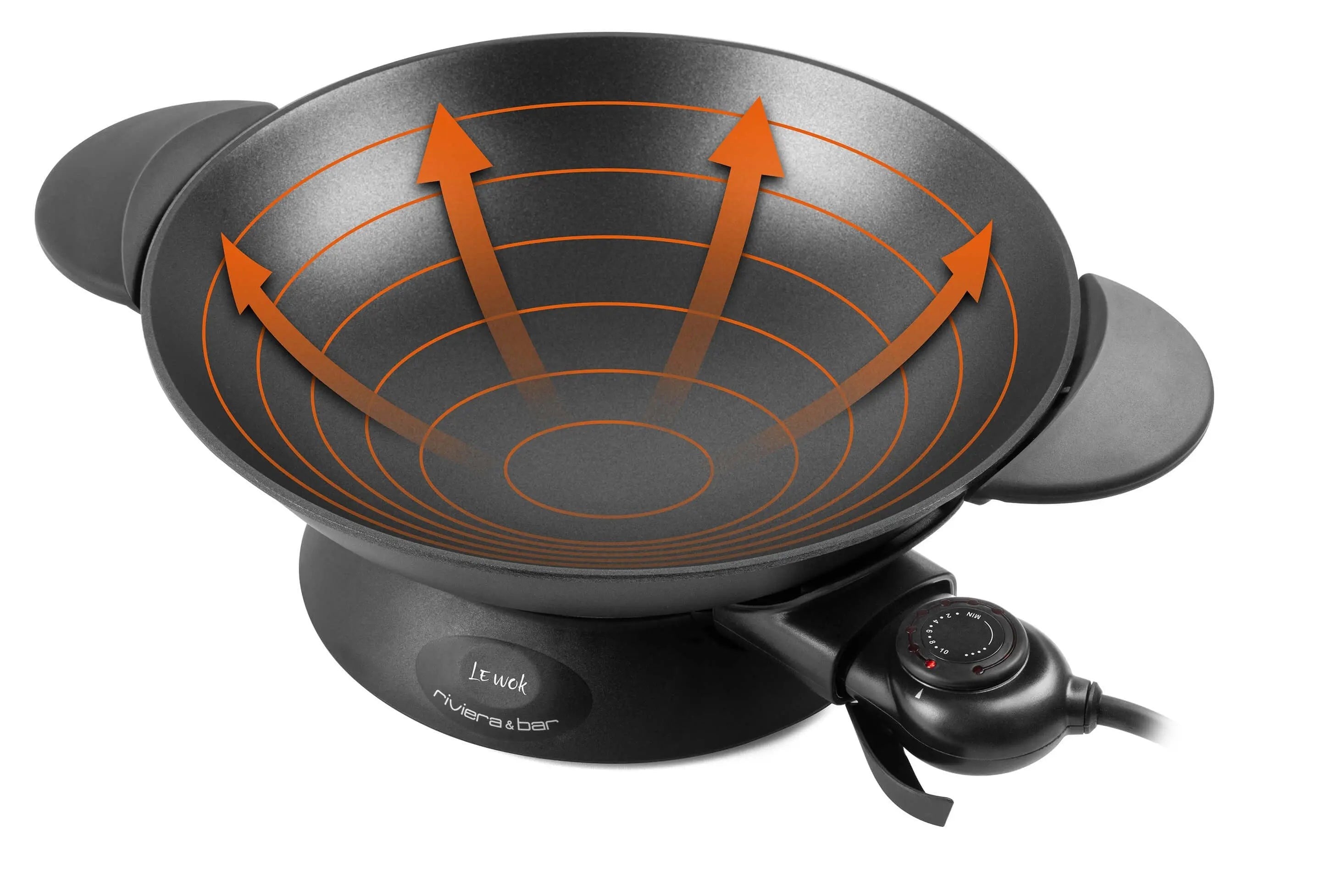 Schwarzer elektrischer Wok mit orangefarbenen Wärmepfeilen.